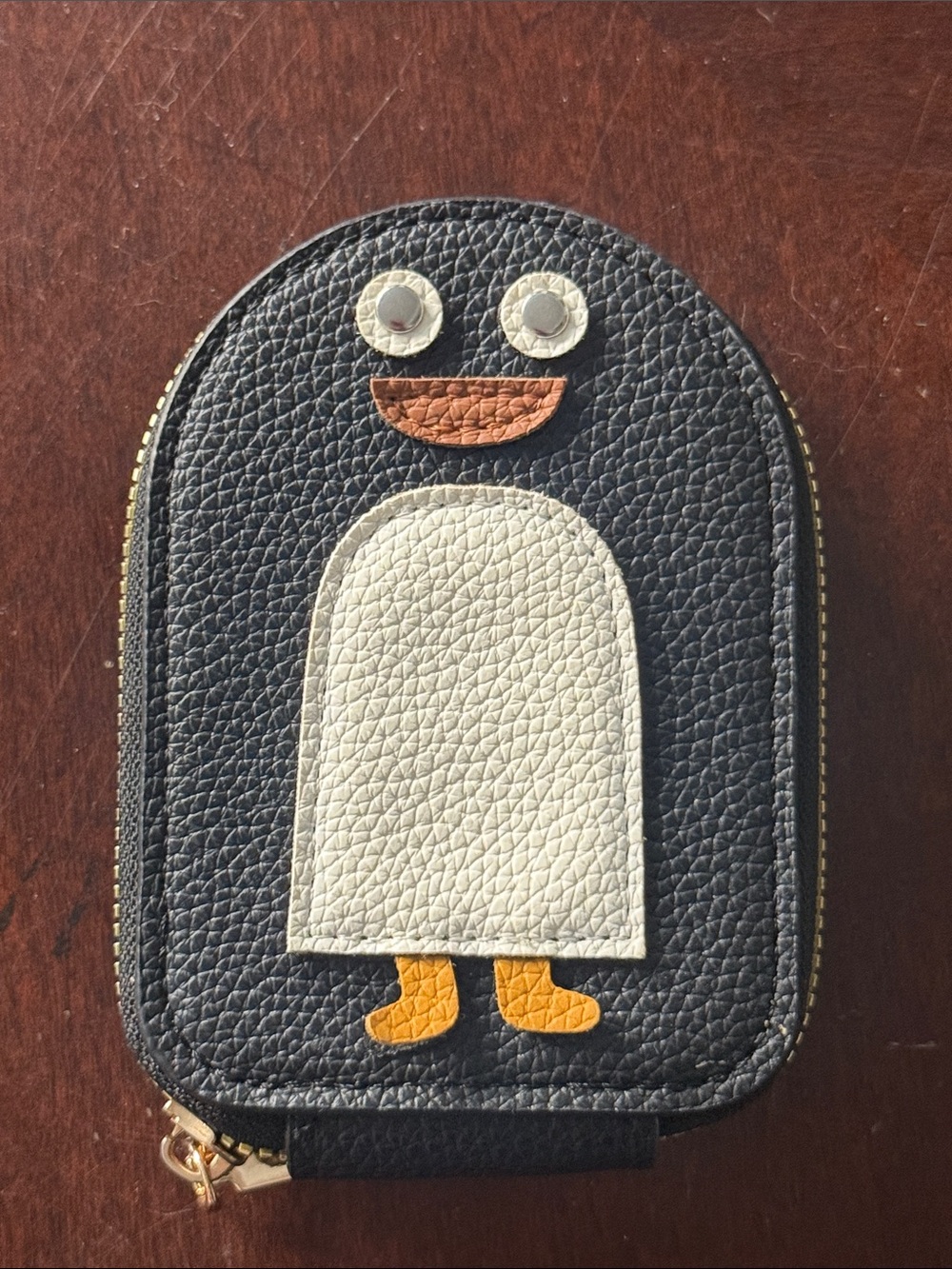 Kids Black Penguin Card Pouch - Playful Faux Leather Accessory